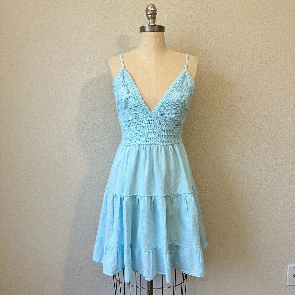 BLANCO by NATURE Mia Mini Dress Sky Blue Cotton Crochet Applique NWT
